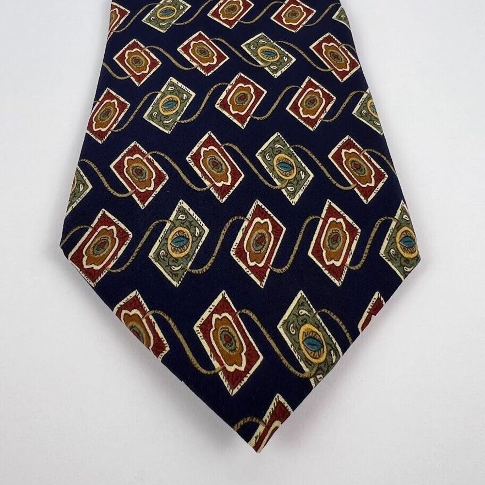 Vintage Chaps Ralph Lauren Necktie‎ Silk Tie Blue Geometric Abstract Medallion